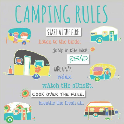 Camping Rules Black Modern Wood Framed Art Print by Pamela J. Wingard