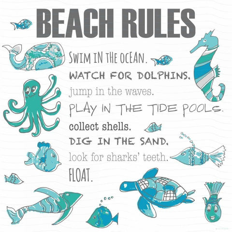 Beach Rules Fish Black Modern Wood Framed Art Print by Pamela J. Wingard