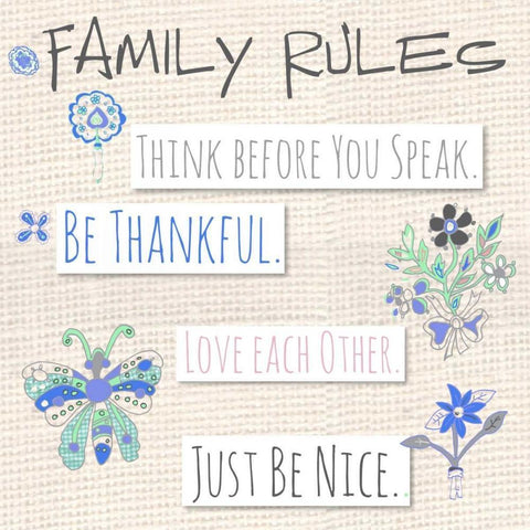 Family Rules Flowers Black Ornate Wood Framed Art Print with Double Matting by Pamela J. Wingard