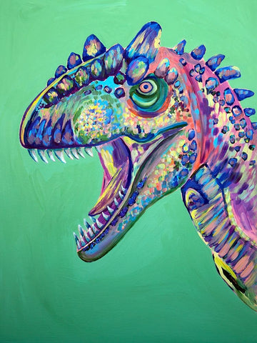 Green Dinosaur Black Ornate Wood Framed Art Print with Double Matting by Seeley, Jenn