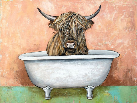 Bathtime Highland Cow White Modern Wood Framed Art Print with Double Matting by Seeley, Jenn