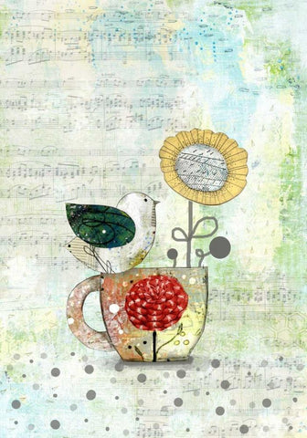 Bird on a Tea Cup Black Ornate Wood Framed Art Print with Double Matting by Ogren, Sarah