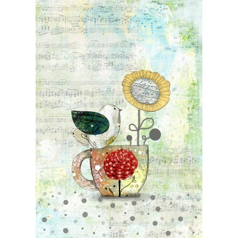 Bird on a Tea Cup Black Modern Wood Framed Art Print by Ogren, Sarah