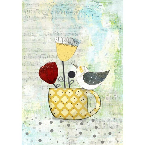 Bird on a Yellow Cup Gold Ornate Wood Framed Art Print with Double Matting by Ogren, Sarah