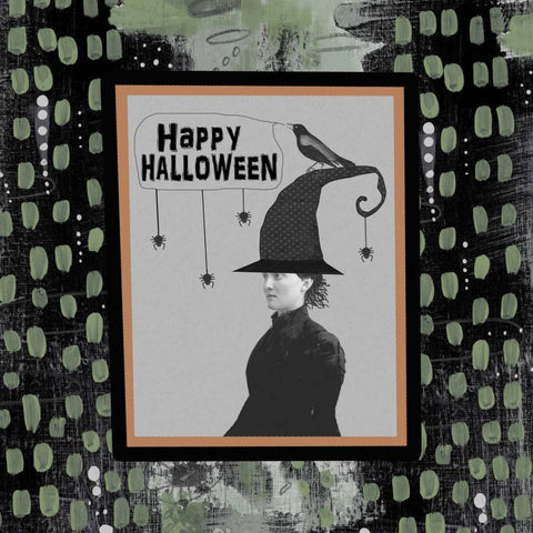 Halloween Witch and Crow White Modern Wood Framed Art Print with Double Matting by Ogren, Sarah