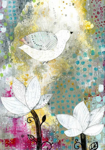 Bird with Lotus Flowers Black Ornate Wood Framed Art Print with Double Matting by Ogren, Sarah