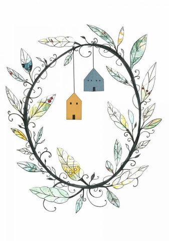 Bird Houses and Wreath White Modern Wood Framed Art Print with Double Matting by Ogren, Sarah