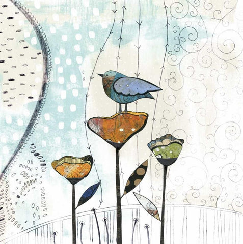 Bird on Three Flowers II White Modern Wood Framed Art Print with Double Matting by Ogren, Sarah