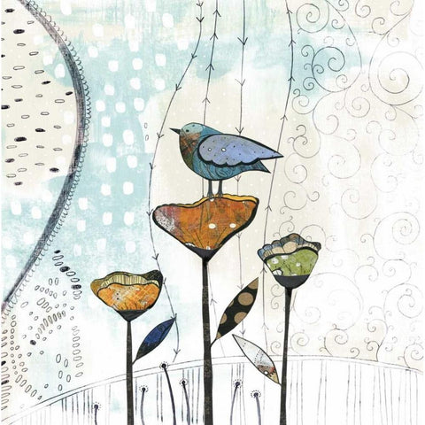 Bird on Three Flowers II Gold Ornate Wood Framed Art Print with Double Matting by Ogren, Sarah