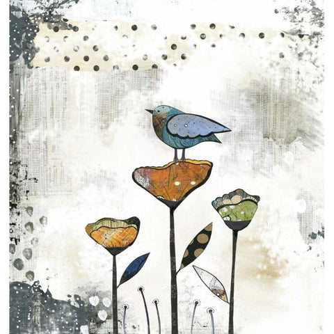 Bird on Three Flowers White Modern Wood Framed Art Print by Ogren, Sarah
