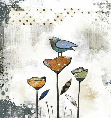 Bird on Three Flowers White Modern Wood Framed Art Print with Double Matting by Ogren, Sarah