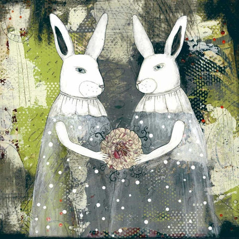 Rabbits and a Flower Black Modern Wood Framed Art Print with Double Matting by Ogren, Sarah