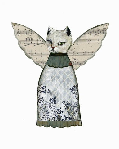 Cat Angel with Music Wings Black Ornate Wood Framed Art Print with Double Matting by Ogren, Sarah