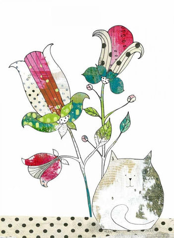 Calico in the Flowers White Modern Wood Framed Art Print with Double Matting by Ogren, Sarah