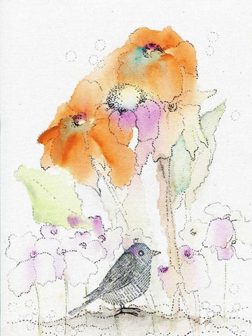 Bird and Orange Flowers White Modern Wood Framed Art Print with Double Matting by Ogren, Sarah