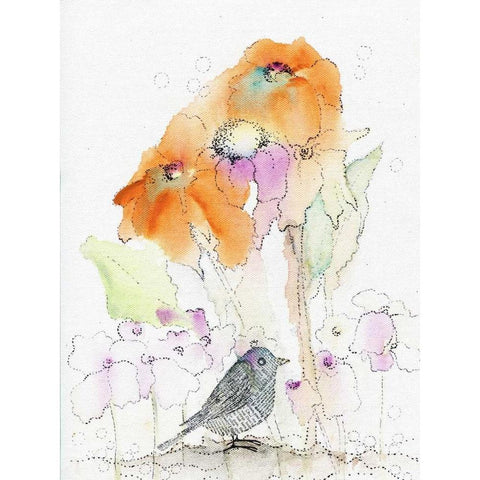 Bird and Orange Flowers Black Modern Wood Framed Art Print with Double Matting by Ogren, Sarah