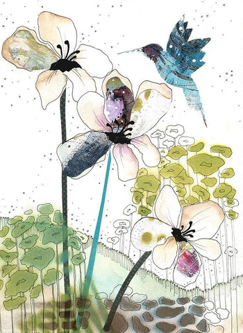 Flowers and a Hummingbird Black Ornate Wood Framed Art Print with Double Matting by Ogren, Sarah