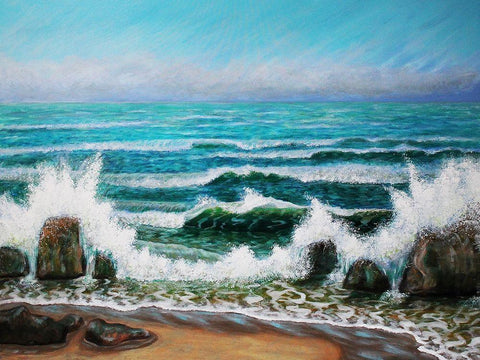 Waves on the Rocky Shore White Modern Wood Framed Art Print with Double Matting by Francis, Sandra