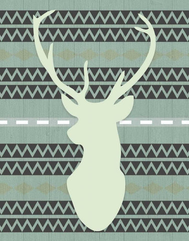Green Tribal Deer Head on Gray White Modern Wood Framed Art Print with Double Matting by Moss, Tara