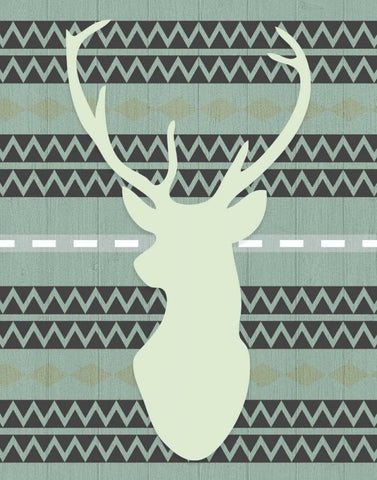 Green Tribal Deer Head on Gray Black Ornate Wood Framed Art Print with Double Matting by Moss, Tara