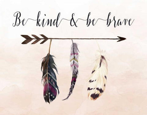 Be Kind and Be Brave Feathers Cream Black Ornate Wood Framed Art Print with Double Matting by Moss, Tara