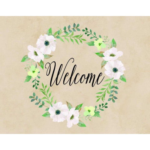 Welcome Green Wreath Black Modern Wood Framed Art Print with Double Matting by Moss, Tara