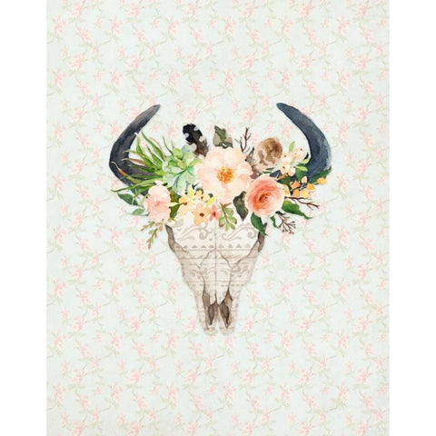 Bull Skull on Floral White Modern Wood Framed Art Print by Moss, Tara