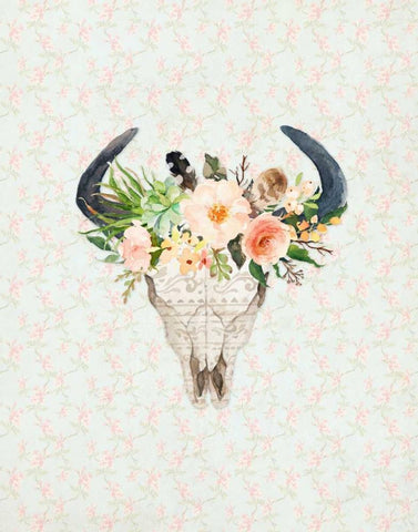 Bull Skull on Floral Black Ornate Wood Framed Art Print with Double Matting by Moss, Tara