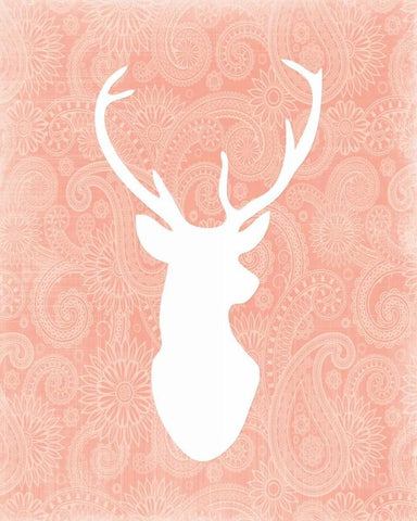 Coral and White Deer Head White Modern Wood Framed Art Print with Double Matting by Moss, Tara