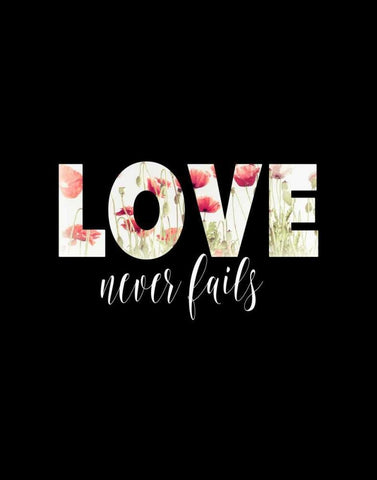 Love Never Fails Floral Black Ornate Wood Framed Art Print with Double Matting by Moss, Tara