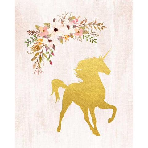 Gold Unicorn Floral White Modern Wood Framed Art Print by Moss, Tara