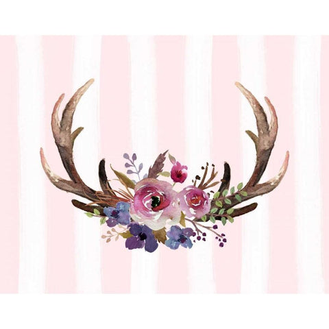 Antlers Flowers Pink Stripes White Modern Wood Framed Art Print by Moss, Tara