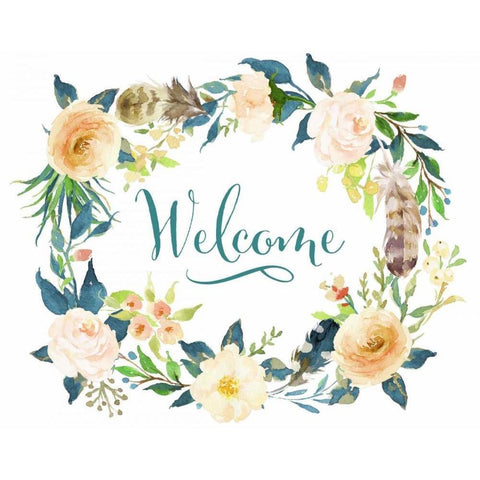 Welcome Teal Floral Gold Ornate Wood Framed Art Print with Double Matting by Moss, Tara