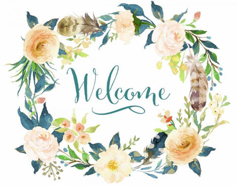 Welcome Teal Floral White Modern Wood Framed Art Print with Double Matting by Moss, Tara