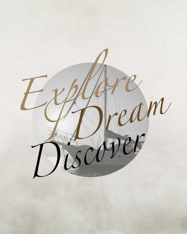 Explore, Dream, Discover Boat White Modern Wood Framed Art Print with Double Matting by Moss, Tara