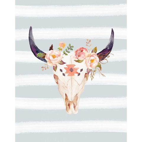 Bull Skull on Stripes White Modern Wood Framed Art Print by Moss, Tara