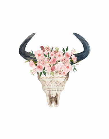 Pink Floral Bull Skull White Modern Wood Framed Art Print with Double Matting by Moss, Tara