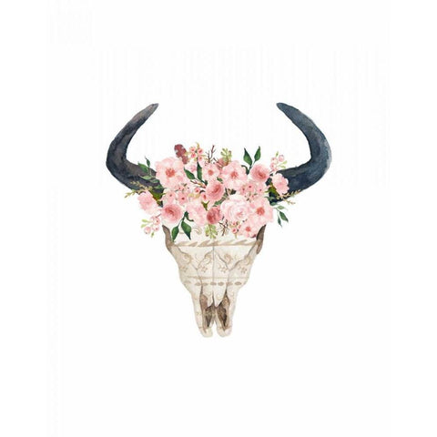 Pink Floral Bull Skull Black Modern Wood Framed Art Print by Moss, Tara