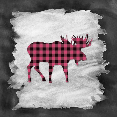 Pink Plaid Moose White Modern Wood Framed Art Print with Double Matting by Moss, Tara