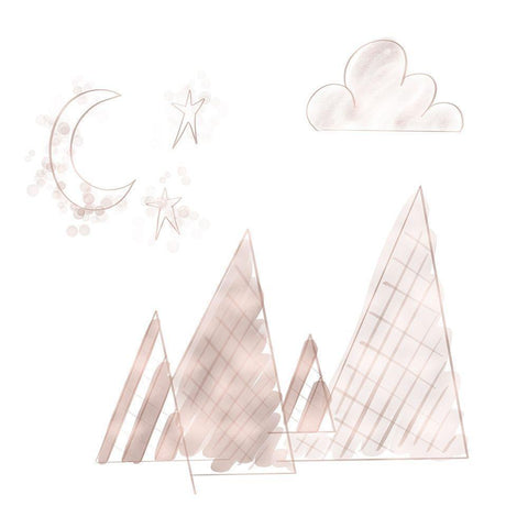 Moon and Mountains Pink White Modern Wood Framed Art Print with Double Matting by Moss, Tara