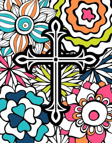 Cross Flowers Colors Black Ornate Wood Framed Art Print with Double Matting by Robinson, Tamara