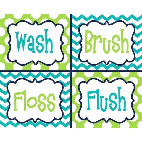 Wash, Brush, Floss, Flush  Green White Modern Wood Framed Art Print by Robinson, Tamara