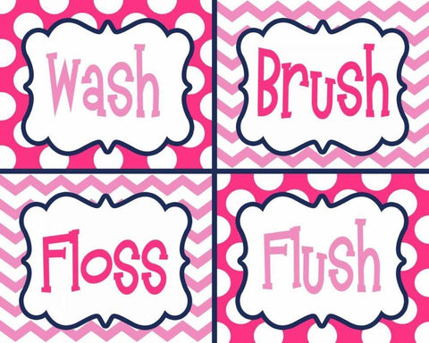 Wash, Brush, Floss, Flush Pink White Modern Wood Framed Art Print with Double Matting by Robinson, Tamara