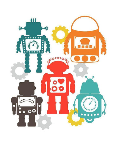 Robot Combo White Modern Wood Framed Art Print with Double Matting by Robinson, Tamara