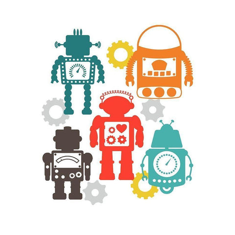 Robot Combo White Modern Wood Framed Art Print by Robinson, Tamara