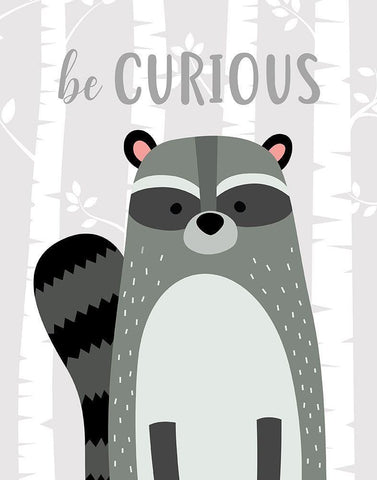 Be Curious Raccoon White Modern Wood Framed Art Print with Double Matting by Robinson, Tamara