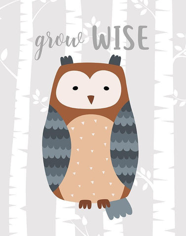 Grow Wise Owl White Modern Wood Framed Art Print with Double Matting by Robinson, Tamara