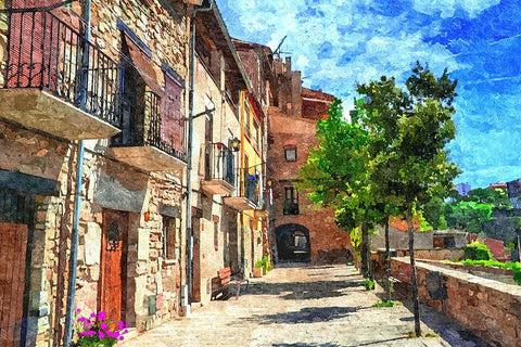 Village Street Black Modern Wood Framed Art Print by Dundon, Denise