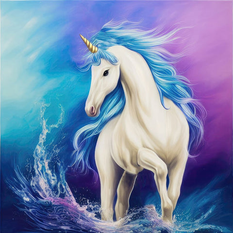 Blue Maned Unicorn White Modern Wood Framed Art Print with Double Matting by Dundon, Denise
