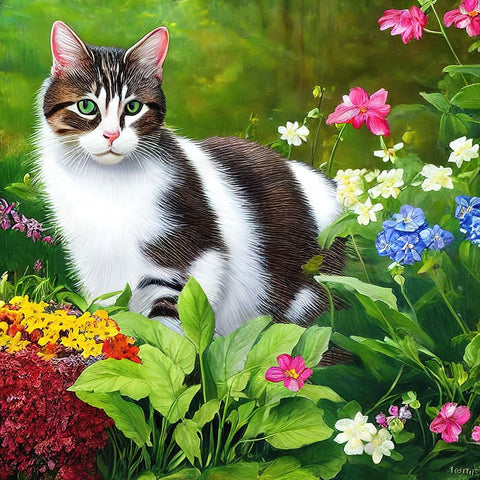 Cat in the Garden Black Modern Wood Framed Art Print by Dundon, Denise